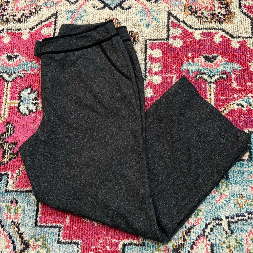 Chico’s size 2, size 12, petite trousers, gray & black piping, wide leg, work